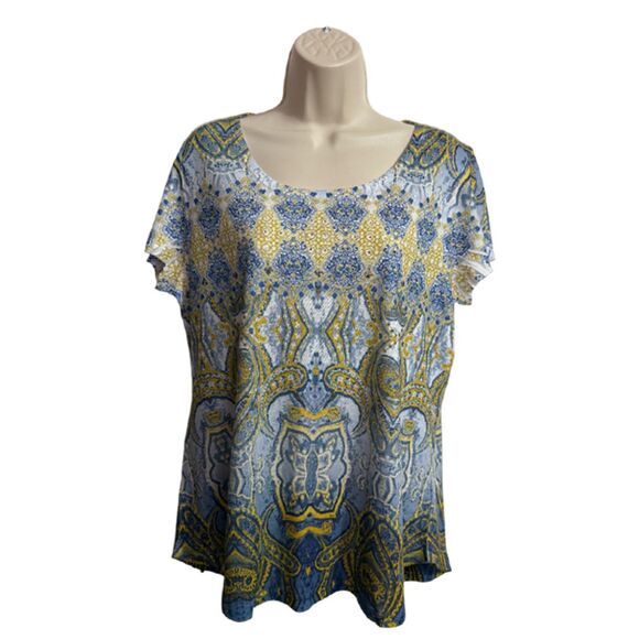 One World Live and Let Live Blue Paisley Short Sleeve Top Size L - Picture 3 of 11